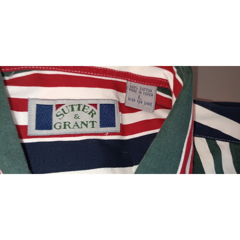 Retro Mens Short Sleeve Shirt Button Down Collared Bold Stripe L 90s Y2k Dadcore - Picture 7 of 8